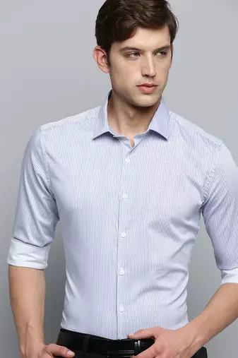 Showoff men's long sleeves vertical stripes white shirt