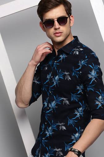 men's long sleeves abstract navy blue shirt