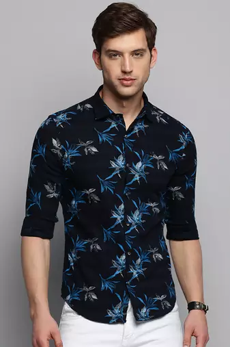 men's long sleeves abstract navy blue shirt