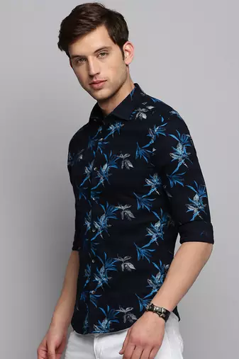 men's long sleeves abstract navy blue shirt