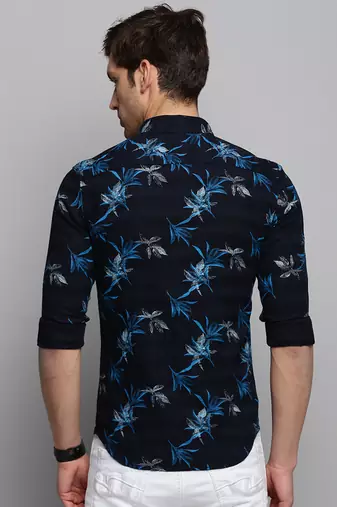 men's long sleeves abstract navy blue shirt