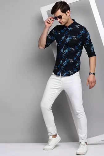 men's long sleeves abstract navy blue shirt