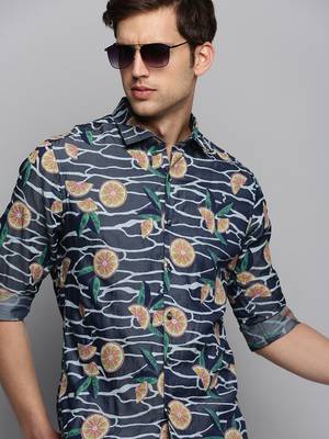 men's long sleeves conversational navy blue shirt 1