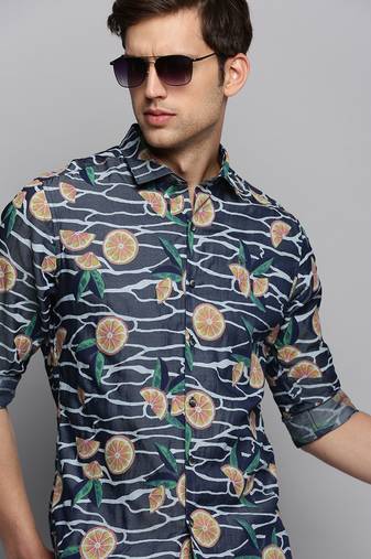 men's long sleeves conversational navy blue shirt