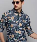 men's long sleeves conversational navy blue shirt