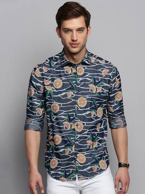 men's long sleeves conversational navy blue shirt 2