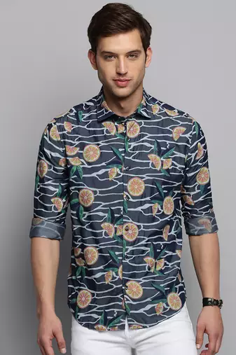men's long sleeves conversational navy blue shirt