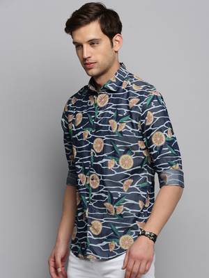 men's long sleeves conversational navy blue shirt 3