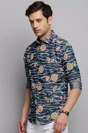men's long sleeves conversational navy blue shirt