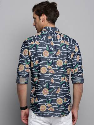 men's long sleeves conversational navy blue shirt 4