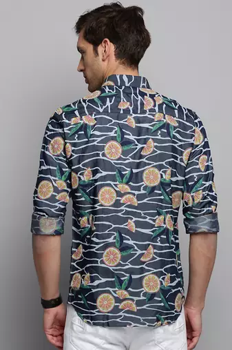men's long sleeves conversational navy blue shirt