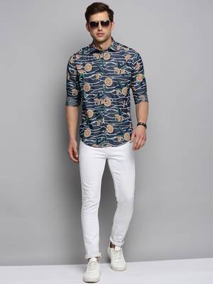 men's long sleeves conversational navy blue shirt 5