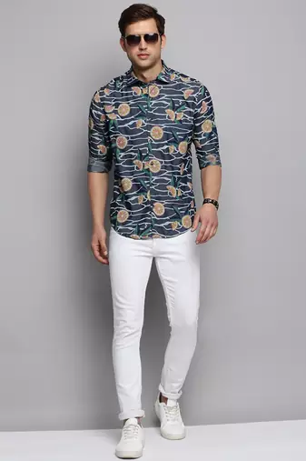 men's long sleeves conversational navy blue shirt