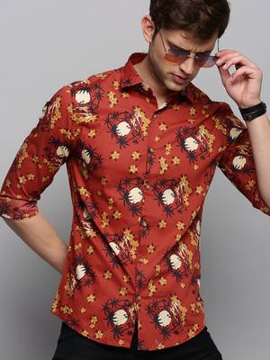 men's long sleeves floral rust shirt 1