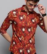 men's long sleeves floral rust shirt