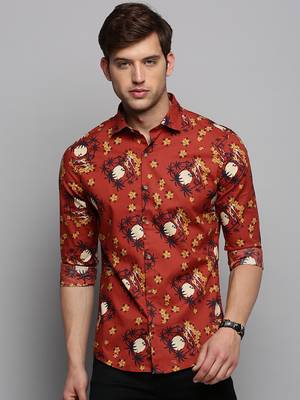 men's long sleeves floral rust shirt 2