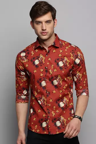 men's long sleeves floral rust shirt