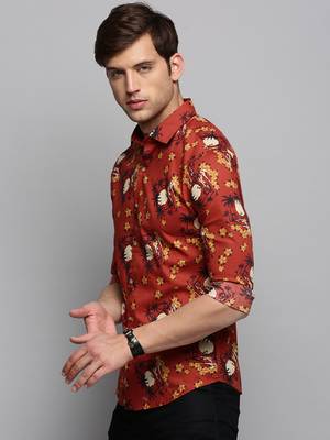 men's long sleeves floral rust shirt 3