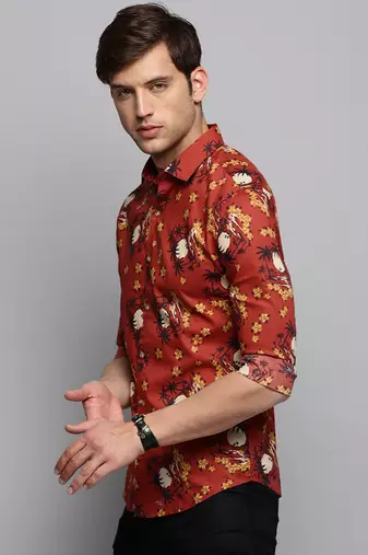men's long sleeves floral rust shirt
