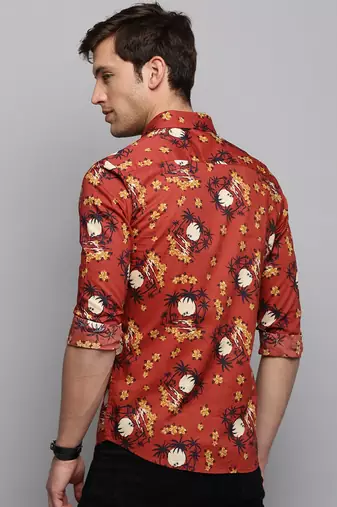 men's long sleeves floral rust shirt