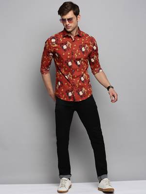 men's long sleeves floral rust shirt 5
