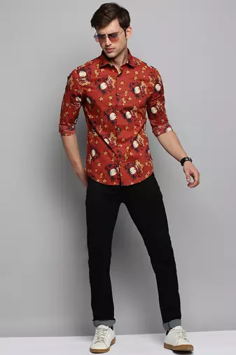 men's long sleeves floral rust shirt