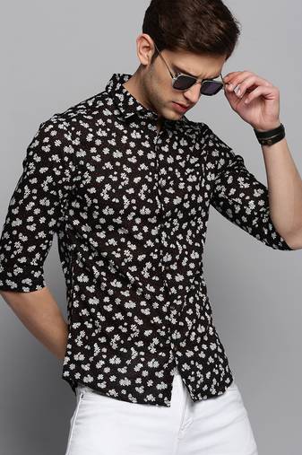 men's long sleeves floral black shirt