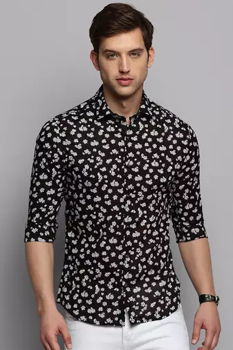 men's long sleeves floral black shirt