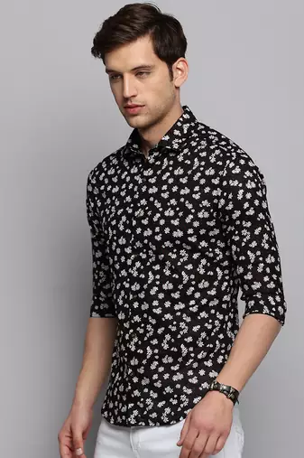 men's long sleeves floral black shirt