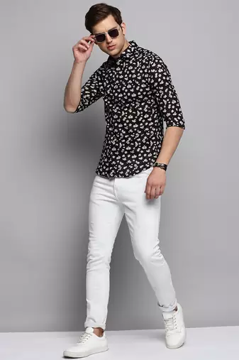 men's long sleeves floral black shirt
