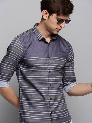men's long sleeves horizontal stripes grey shirt 1