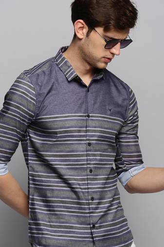 men's long sleeves horizontal stripes grey shirt