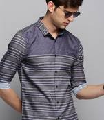 men's long sleeves horizontal stripes grey shirt