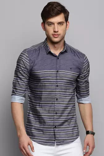 men's long sleeves horizontal stripes grey shirt