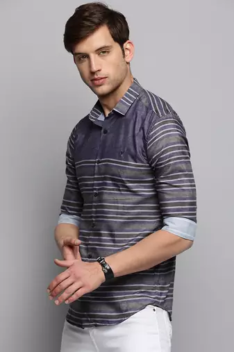 men's long sleeves horizontal stripes grey shirt