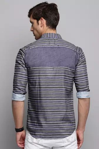 men's long sleeves horizontal stripes grey shirt