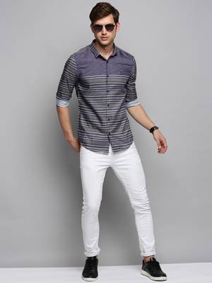 men's long sleeves horizontal stripes grey shirt 5