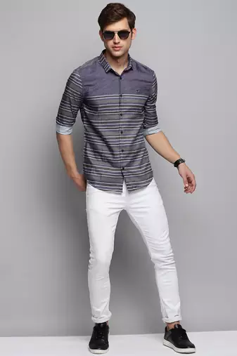 men's long sleeves horizontal stripes grey shirt