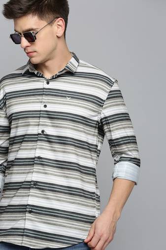 men's long sleeves horizontal stripes olive shirt