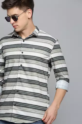 men's long sleeves horizontal stripes olive shirt