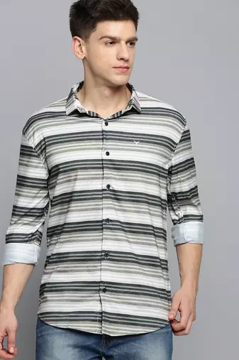 men's long sleeves horizontal stripes olive shirt