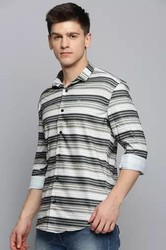 men's long sleeves horizontal stripes olive shirt