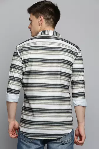 men's long sleeves horizontal stripes olive shirt