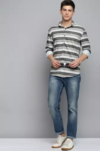 men's long sleeves horizontal stripes olive shirt