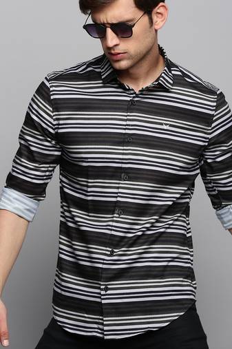 men's long sleeves horizontal stripes olive shirt
