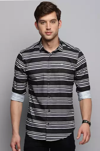 men's long sleeves horizontal stripes olive shirt