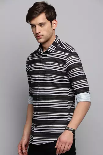 men's long sleeves horizontal stripes olive shirt