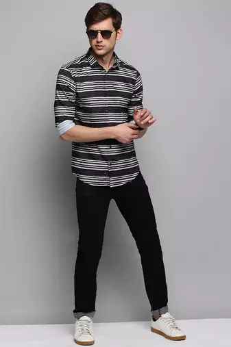 men's long sleeves horizontal stripes olive shirt
