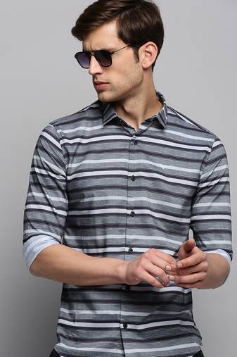 men's long sleeves horizontal stripes grey shirt