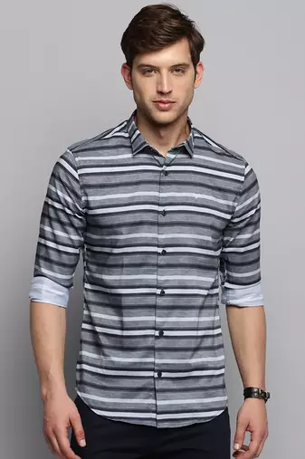 men's long sleeves horizontal stripes grey shirt